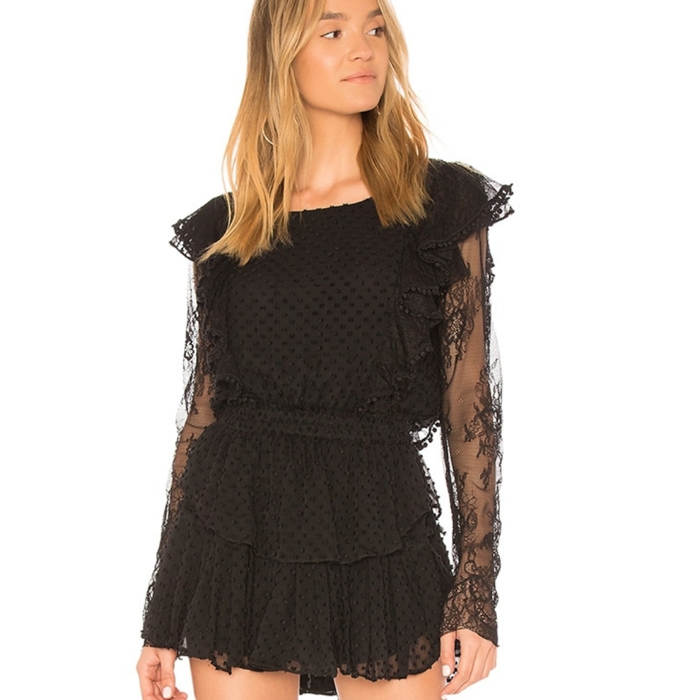 Loveshackfancy Black Lace Ruffle Nat long sleeve mini dress M